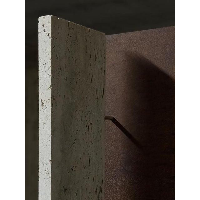 Oculus X Floor Lamp in Oxidized Iron & Travertine by D´ARK Atelier For Sale - Image 11 of 18
