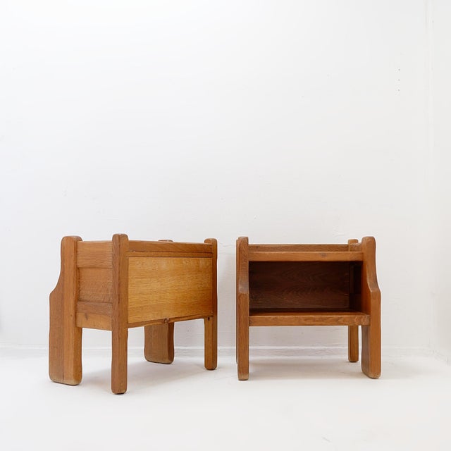 Brutalist Oak Bedside Tables by De Puydt, 1970s, Set of 2 For Sale - Image 4 of 13