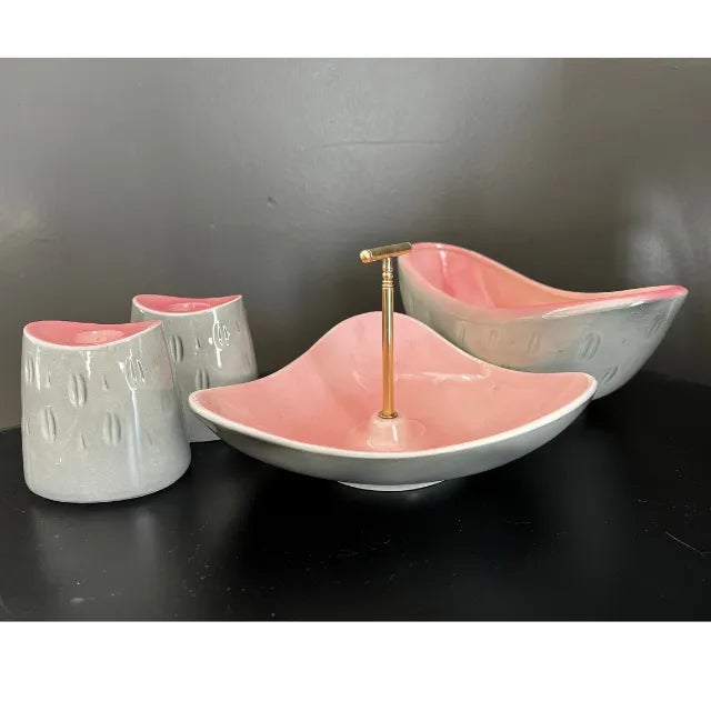 Mid-Century 4-Piece Host/Hostess Set, in Pink and Gray with Rooster Prints Iconic pink and gray four-piece host/hostess...
