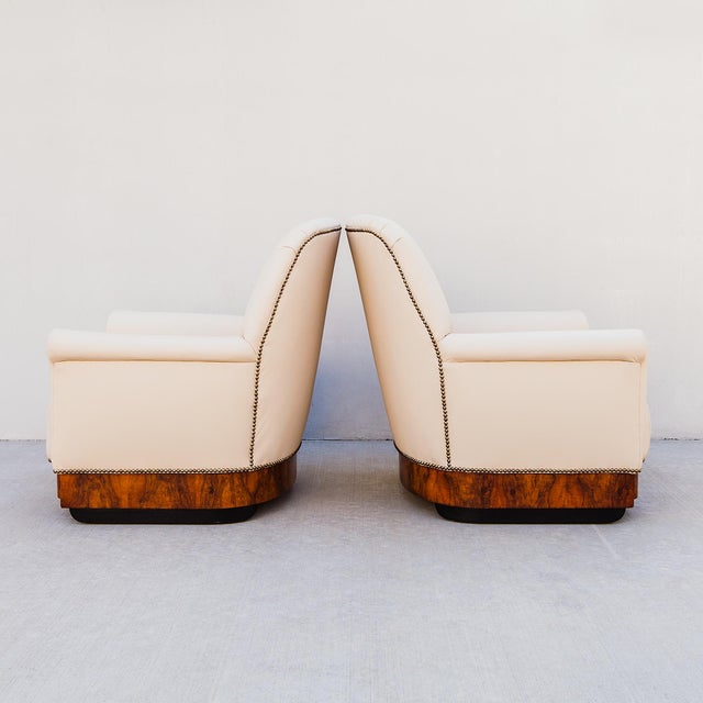 1930s Vintage Italian Art Deco Club Chairs in Walnut Burl and Edelman Leather For Sale - Image 5 of 12