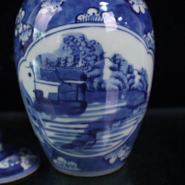 Late 20th Century Chinese Blue & White Porcelain Landscape Covered Jar - 6" Tall For Sale - Image 5 of 8