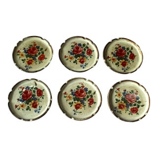 1970s Vintage - 6 Wooden Florentine Style Coasters With Floral Motifs as a Set For Sale