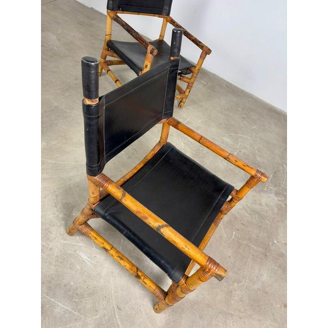 1970s Italian Bamboo and Leather Lounge Chairs, 1970s, Set of 2 For Sale - Image 5 of 12