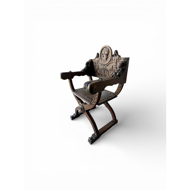 Brown 19th Century Renaissance Revival Carved Curule X-Frame Armchairs (Pair) For Sale - Image 8 of 8