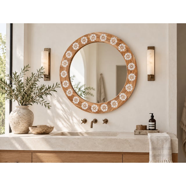 This beautiful boho modern mirror would be a staple in any home. Our blossom mother of pearl inlay collection is inspired...