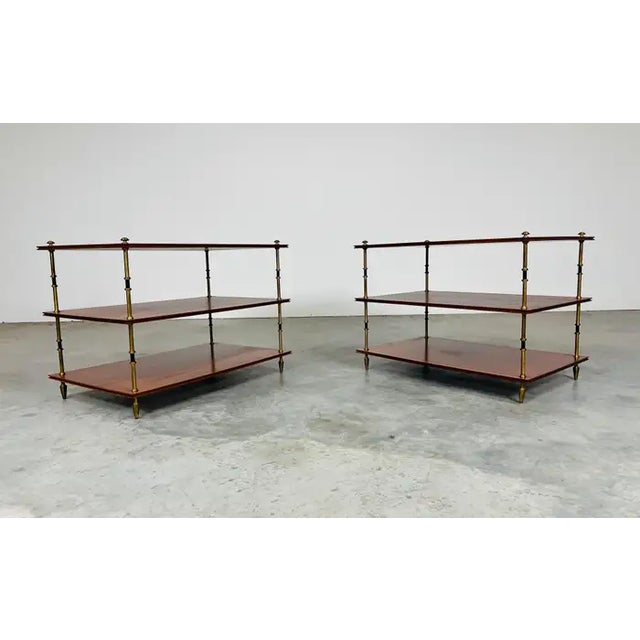 Traditional Maison Jansen Mahogany and Brass 3-Tier Side or End Tables -France Circa 1940 For Sale - Image 3 of 7