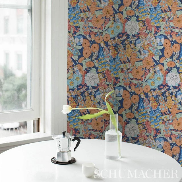 Schumacher Sample - Schumacher X Clements Ribeiro Fairie Garden Wallpaper in Orange & Navy For Sale - Image 4 of 5