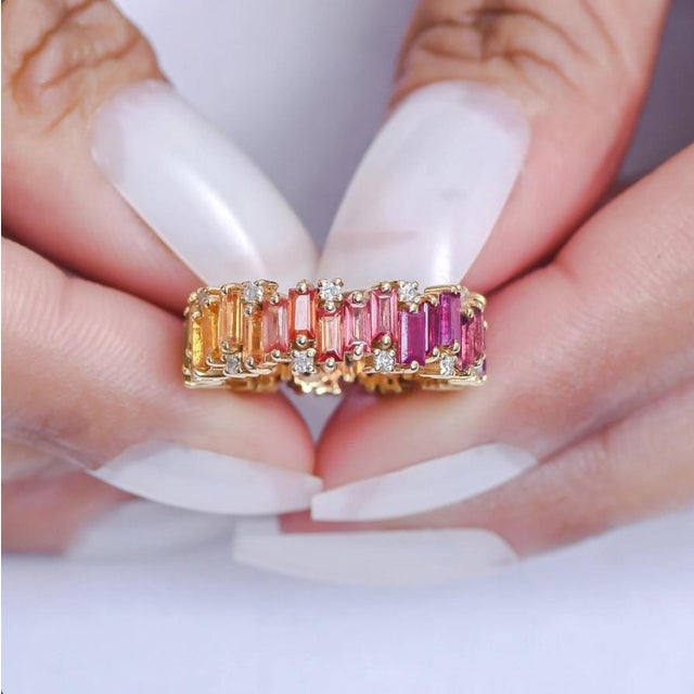 Gemstone Natural 4.36 cts rainbow sapphire & 0.35 cts diamond zig zag ring in 14k gold For Sale - Image 7 of 18