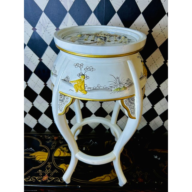Chinoiserie 1980s Chinoiserie Mother-of-Pearl Inlaid Tall Stool or Side Table With Glass Top, 25" For Sale - Image 3 of 17