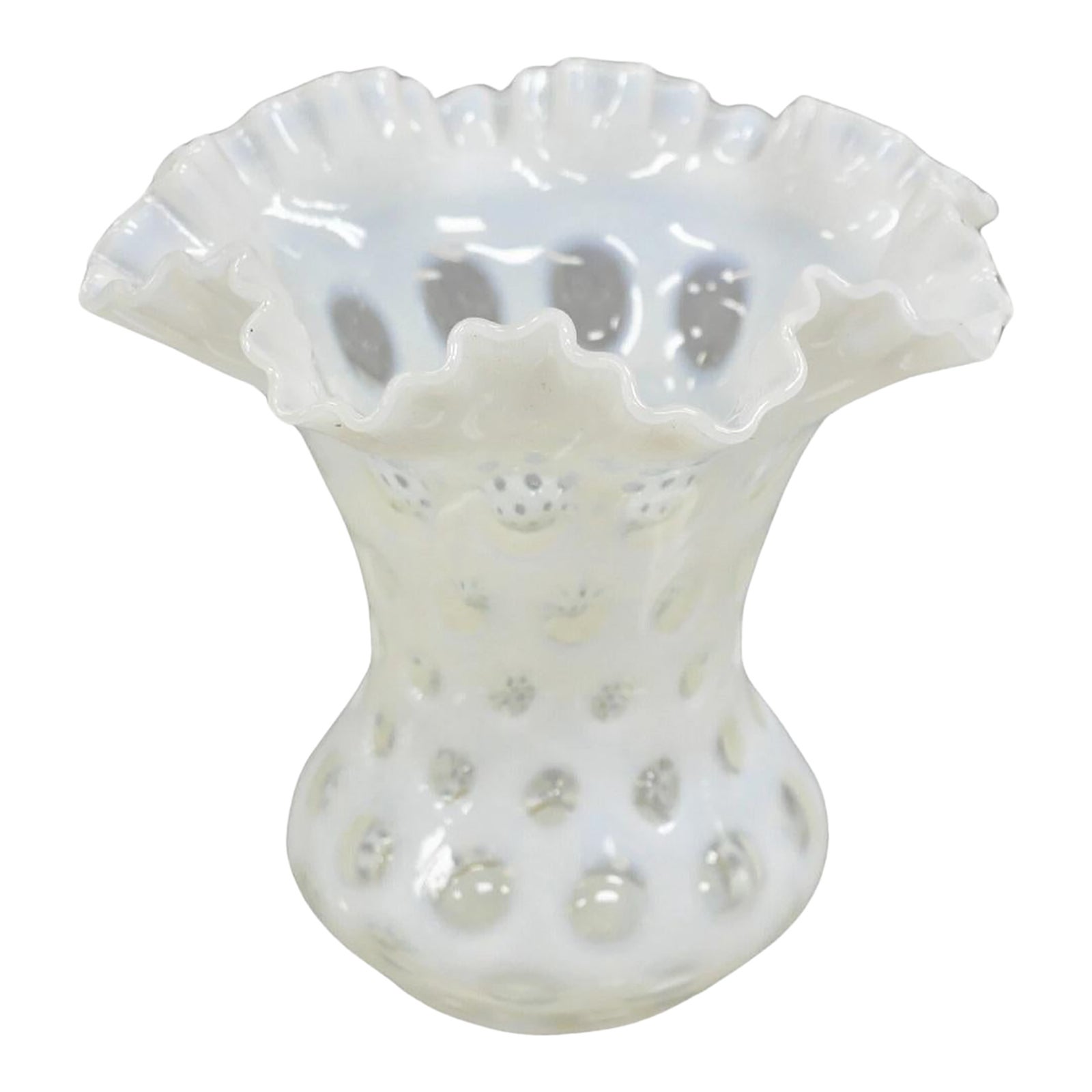 Vintage Fenton White Coin Dot Opalescent Art Glass Ruffle Edge Flower ...