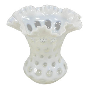 Vintage Fenton White Coin Dot Opalescent Art Glass Ruffle Edge Flower Vase