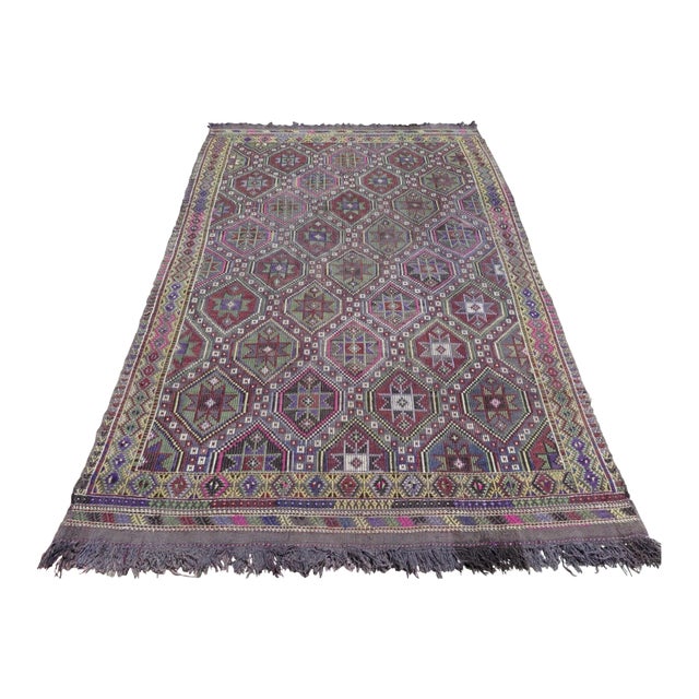 Area Kilim Turkish Boho Modern Handmade Kilim Rug - 74"x115" For Sale