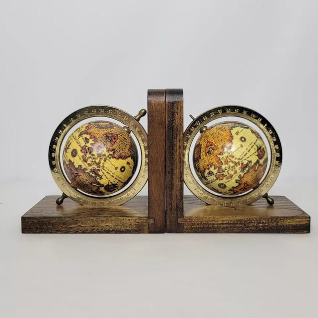 Vintage Wooden & Brass Spanish Terrestrial World Globe Bookends – Pair Add a touch of classic sophistication to your...