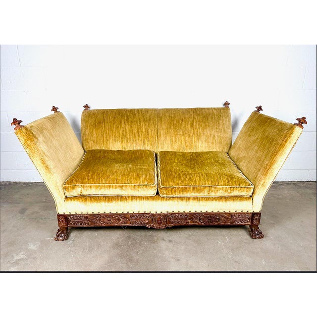 Gold Antique Knole-Style Sofa, Hand-Carved Walnut, Silk Velvet, C. 1900 For Sale - Image 8 of 9