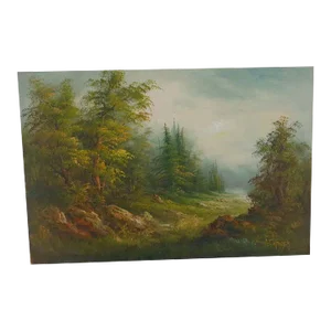 1970s Forest Landscape Oil Painting on Canvas by Irene Cafieri