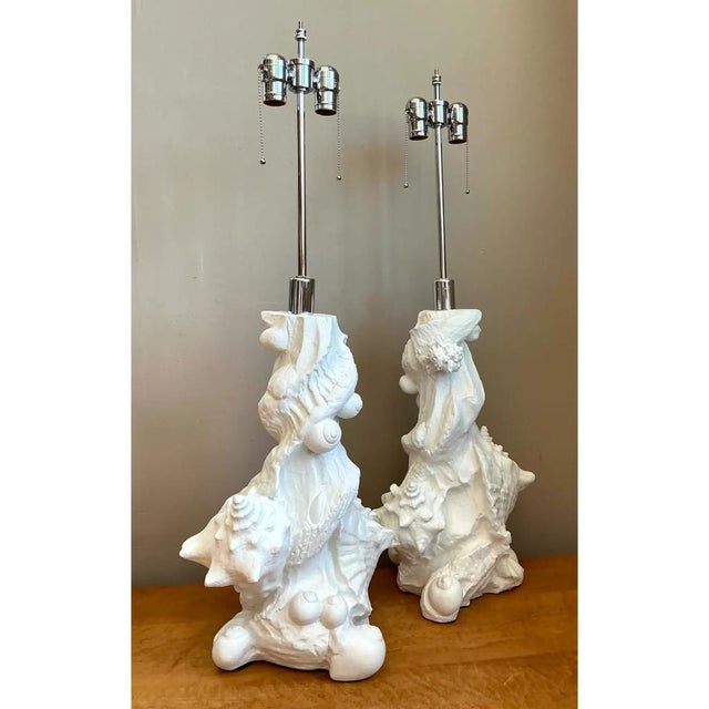 Contemporary Vintage White Plaster Shell Table Lamps - Pair For Sale - Image 3 of 12