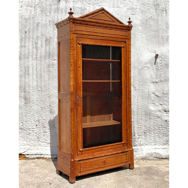 Early 20th Century Vintage Coastal Carved Bamboo Wire Front Armoire For Sale - Image 5 of 11