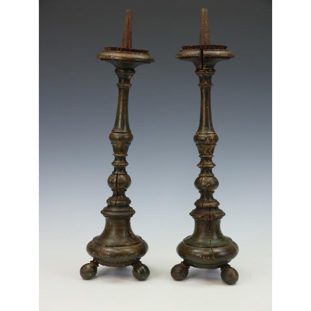 French Painted Wood Altar Candlesticks, 1780, Set of 2 For Sale - Image 4 of 13