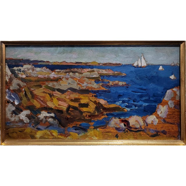 Post Impressionist Arthur Bowen Davies- 1920s Maine Shoreline With Sailing Ship -Oil Painting For Sale - Image 3 of 10