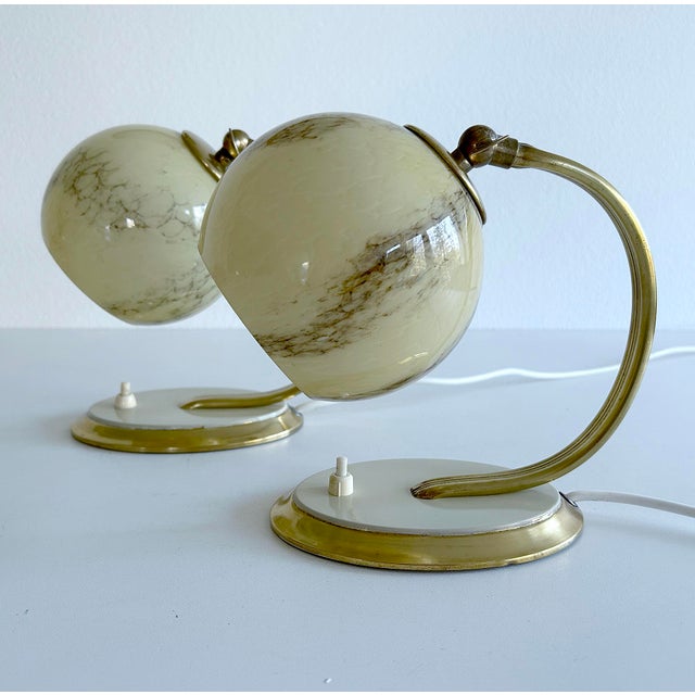 Metal Art Deco Table Lamps in Brass and Glass, Set of 2 For Sale - Image 7 of 17