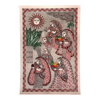 Hand-Painted Madhubani Folk Art by Mamta Devi, National Award Winner 2016, Traditional Indian Village Life For Sale