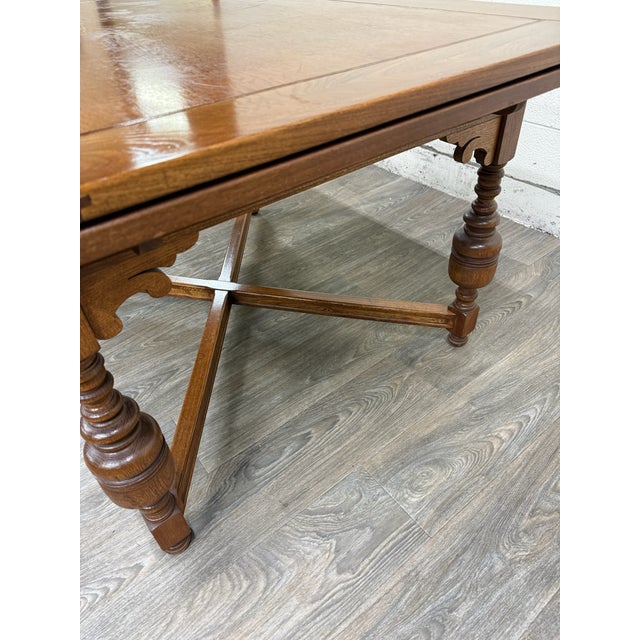 Brown Vintage Old English Tudor Jacobean Revival Style Oak Draw Leaf Dining Table For Sale - Image 8 of 18