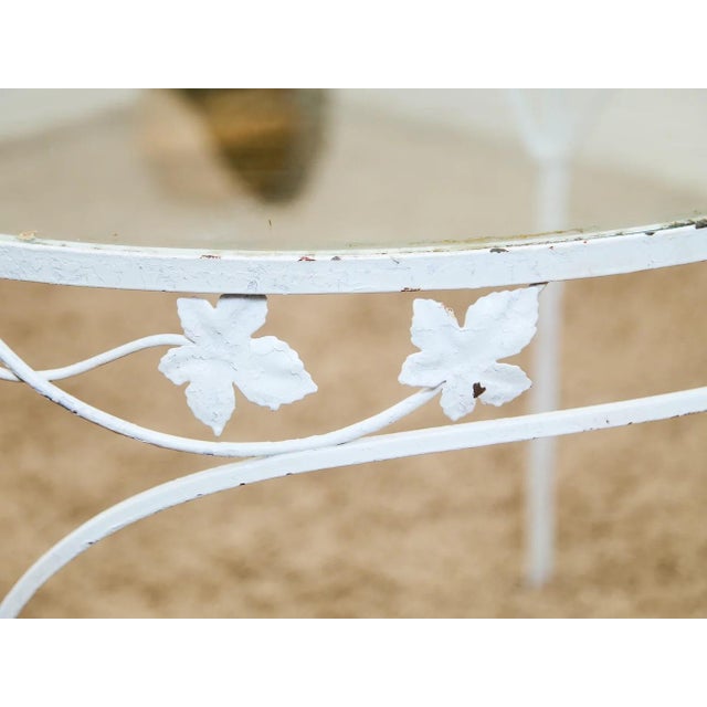 Mid 20th Century Vintage Wrought Iron Patio Dining Table With Leaf Motif Aqua Cushions and Glass Top For Sale - Image 5 of 7