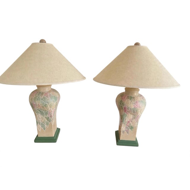 These are the quintessential Pair of Postmodern Coastal lamps - urn-shaped bases in warm sand with incised overlapping...