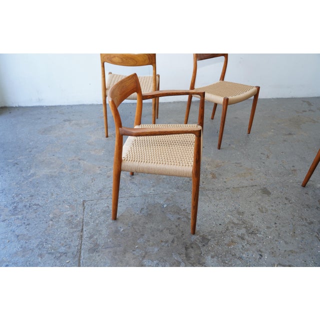 1960s Set of 6 Danish Modern Niels Otto Møller Rosewood Papercord Dining Chairs Models 57 & 77 For Sale - Image 11 of 17
