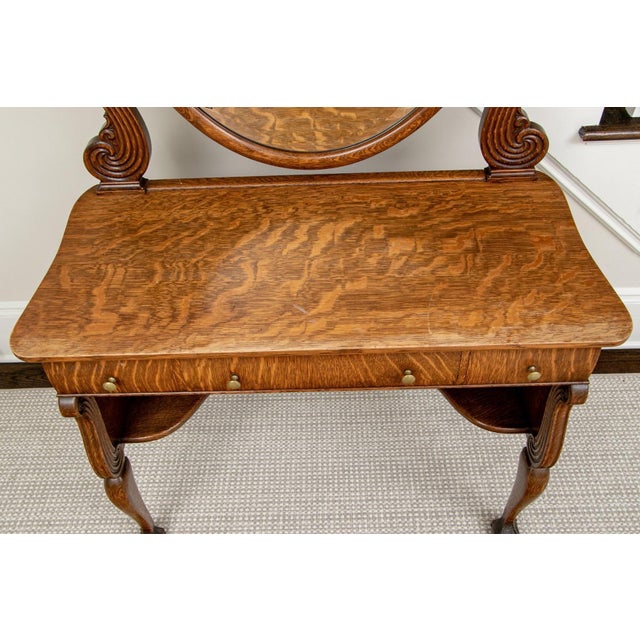 Early 20th Century Antique Oak Dressing Table With Large Oval Vanity Mirror For Sale - Image 5 of 13