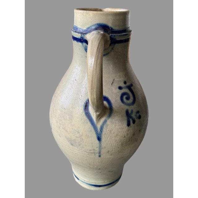 Primitive Antique Country Blue Floral Decorated Stoneware Pitcher For Sale - Image 12 of 12