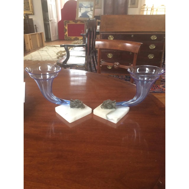 19th Century Vintage English Blue Glass Cornucopia Vases - a Pair For Sale - Image 4 of 4