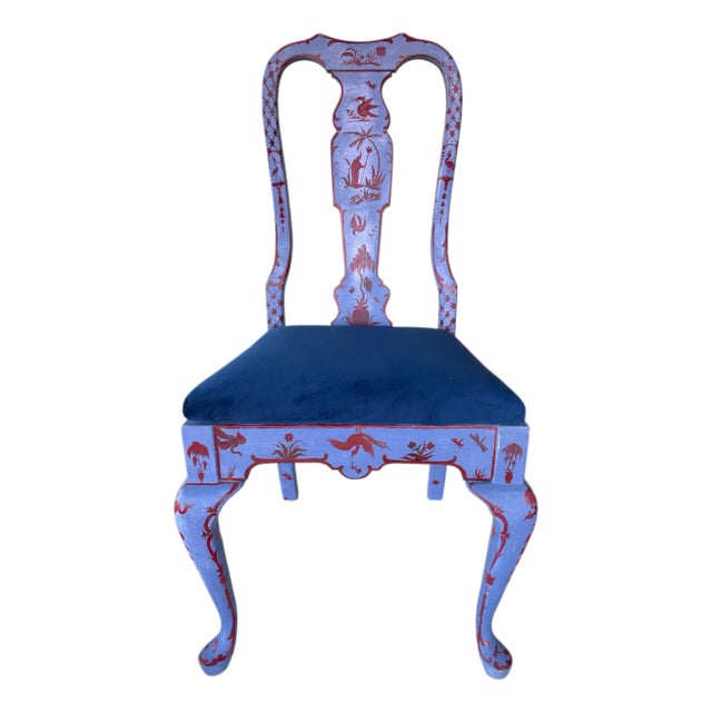 Vintage Handpainted Chinoiserie Chic Blue Accent Chair With New Velvet Upholstery For Sale
