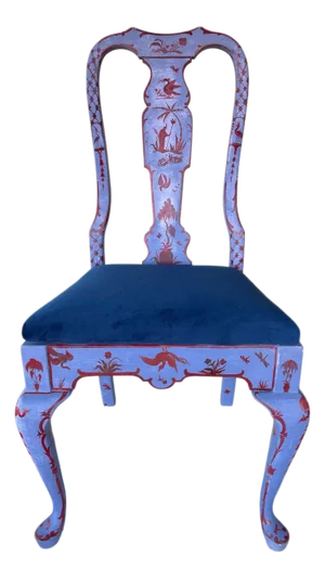 Vintage Handpainted Chinoiserie Chic Blue Accent Chair With New Velvet Upholstery