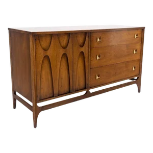 Mid-Century Modern Walnut Dresser Credenza Sculptural Molded Front Doors