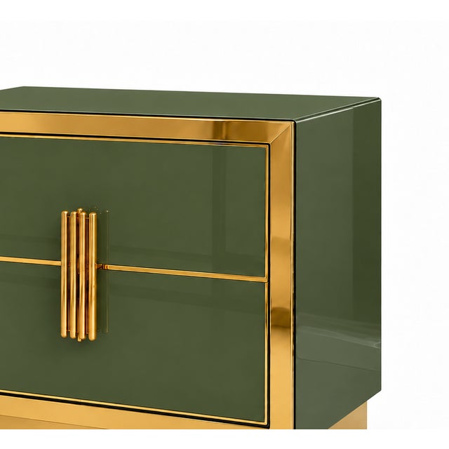 Olive Green Glass Nightstand with Recessed Brass Plinths, Italy, Set of 2 For Sale - Image 4 of 11