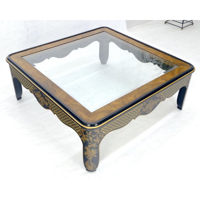Drexel Gold Paint & Black Lacquer Base Burl Wood & Glass Top Coffee Table MINT For Sale - Image 13 of 14