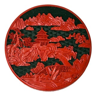 Oriental Asian Black Red Lacquer Round Relief Scenery Accent Box For Sale
