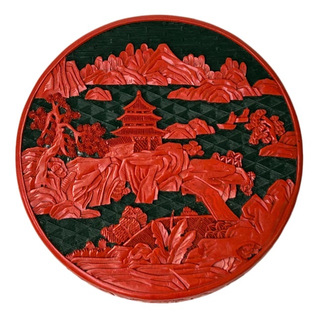 Oriental Asian Black Red Lacquer Round Relief Scenery Accent Box For Sale