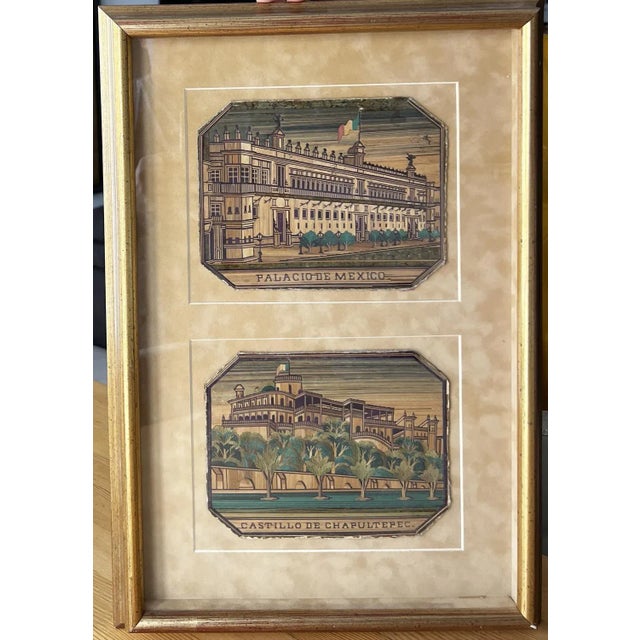 Textile Mexican Artist, Popotillo Chapultepec & Palacio Diptych, 1890s-1910s, Straw Mosaic, Framed For Sale - Image 7 of 7