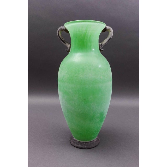 Murano Italian Vintage Mid Century Green Scavo Art Glass Amphora Vase. Measures approximately 6 3/8" diameter, 13 3/4" high.