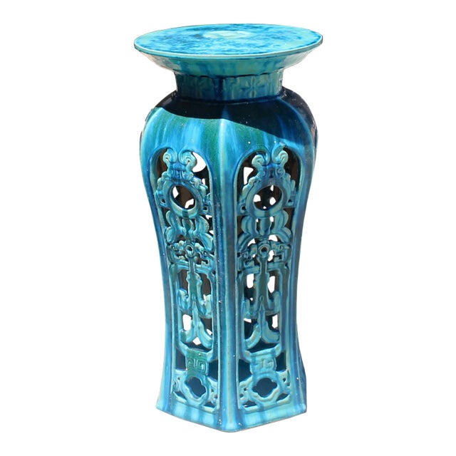 Ceramic Clay Turquoise Round Tall Pedestal Table Flower Display Stand For Sale