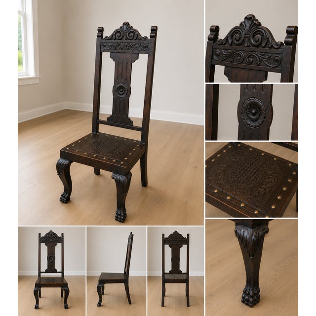 Elevate your dining space with this striking set of five Jacobean Revival dining chairs, showcasing intricate hand-carved...