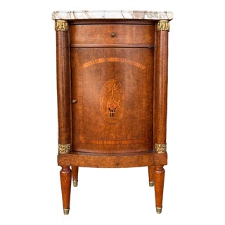 Antique French Empire Style Marquetry Cabinet / Nightstand With Marble Top and Gold Gilt Bronze Mounts For Sale
