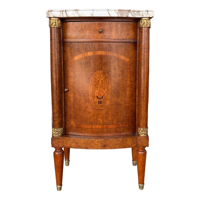 Antique French Empire Style Marquetry Cabinet / Nightstand With Marble Top and Gold Gilt Bronze Mounts For Sale
