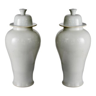 Pair of Large White Glazed Ceramic Temple Jars With Domed Lids For Sale