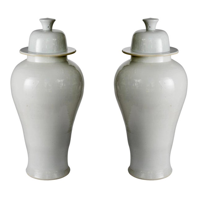 Pair of Large White Glazed Ceramic Temple Jars With Domed Lids For Sale