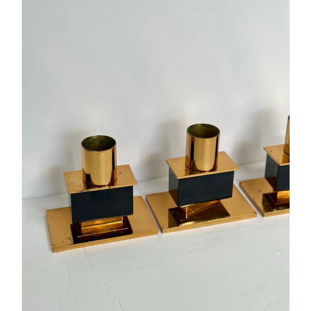 1970s Italian Modernist Brass and Black Enamel Cube Candlestick Holders – A Pair For Sale - Image 9 of 10