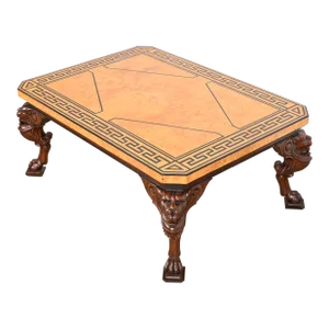 Baker Furniture Neoclassical Cocktail Table With Burl Wood Greek Key Top and Carved Mahogany Lion Legs
