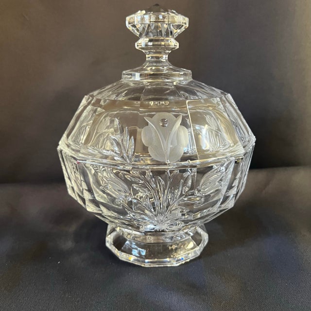 Late 20th Century Vintage Etched Crystal Pedestal Candy Dish With Lid | Floral Rose Motif | Elegant Vanity Jar For Sale - Image 5 of 10